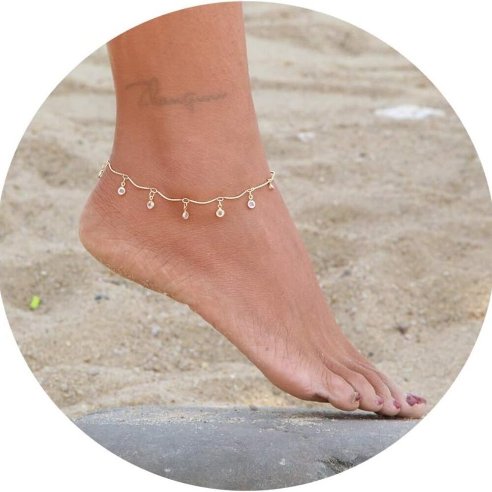 Dainty Ankle Bracelet,14K Gold Plated Tiny Bead Anklet Dainty White Cubic Zircon